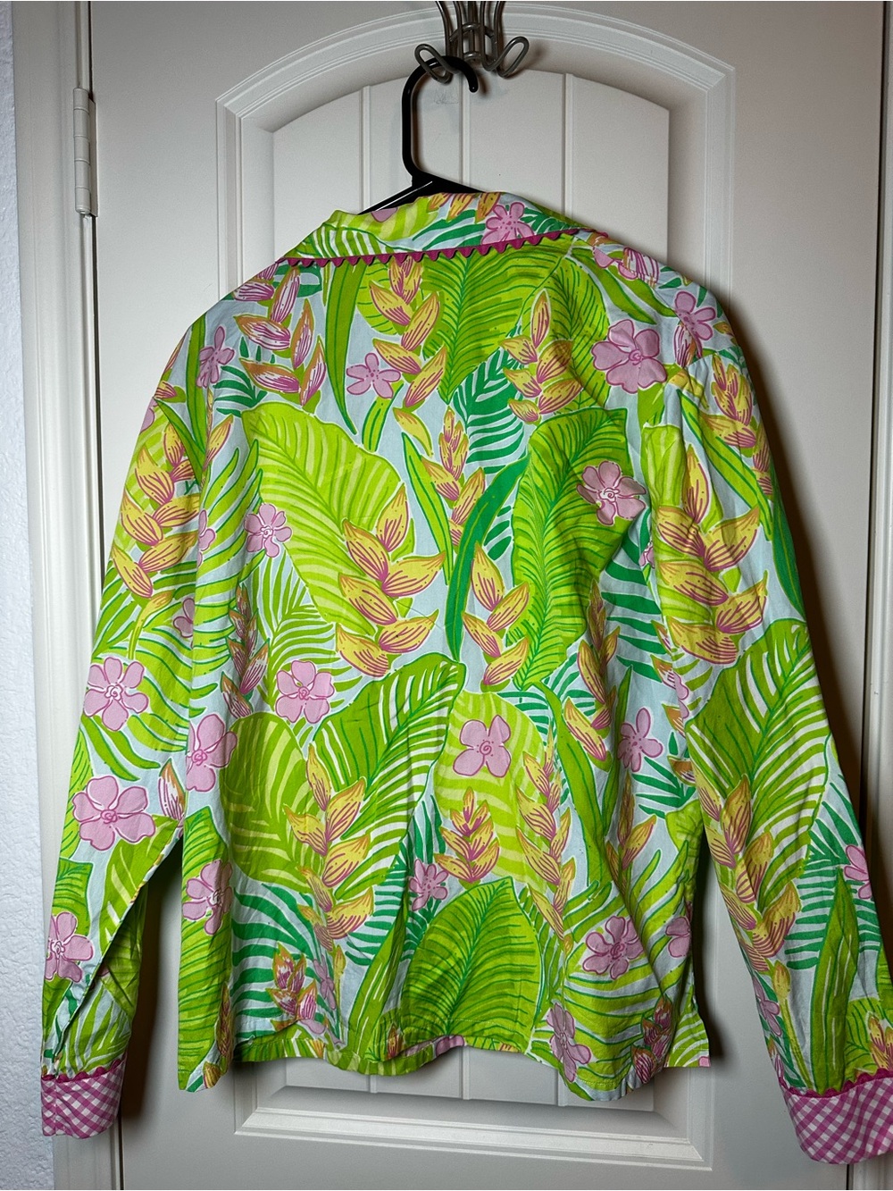 Lilly Pulitzer Green Tropical Floral Gingham Button-Front Women's Top size L - Picture 8 of 8